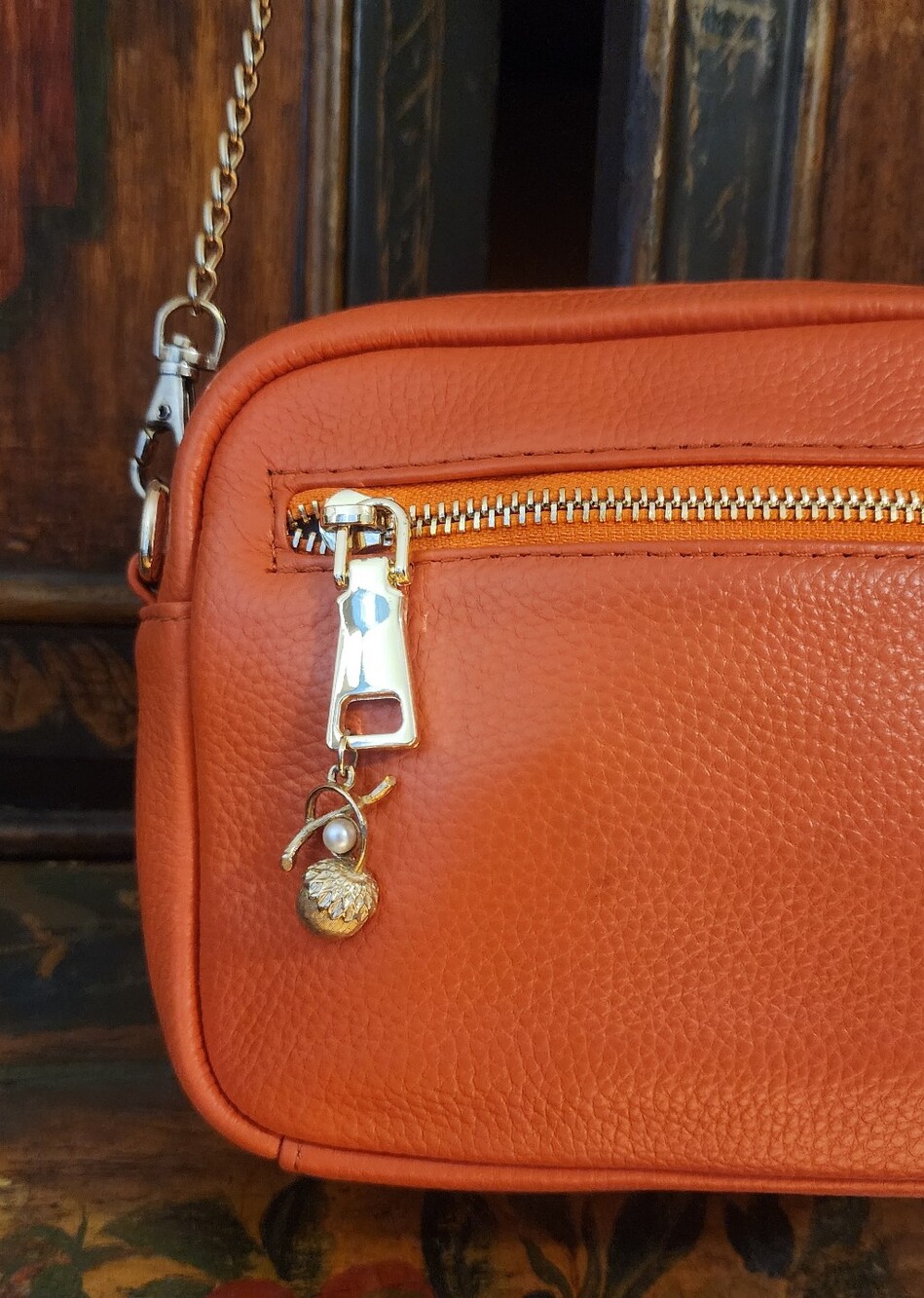 Pom Pom London Orange Crossbody Bag with Vintage Sarah Coventry Acorn Charm